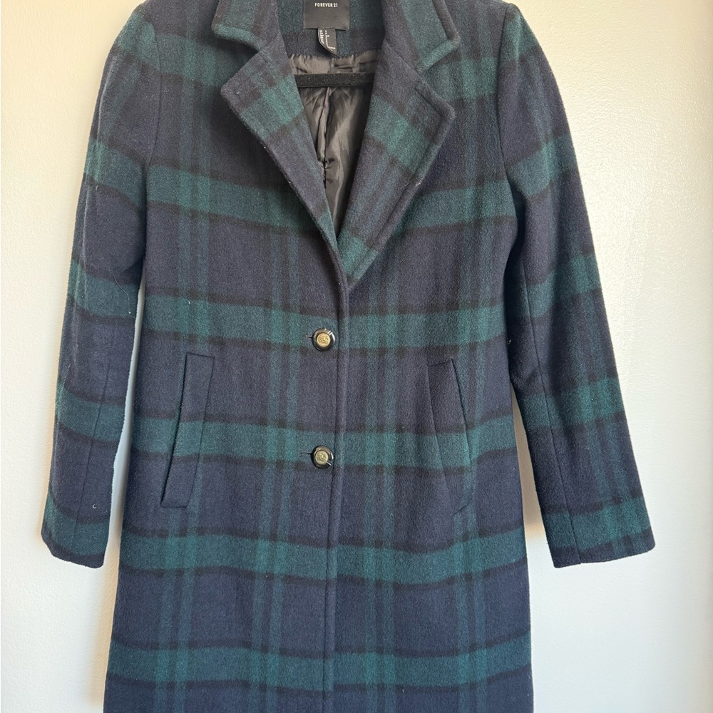 Forever 21 Navy and Green Plaid Pea Coat